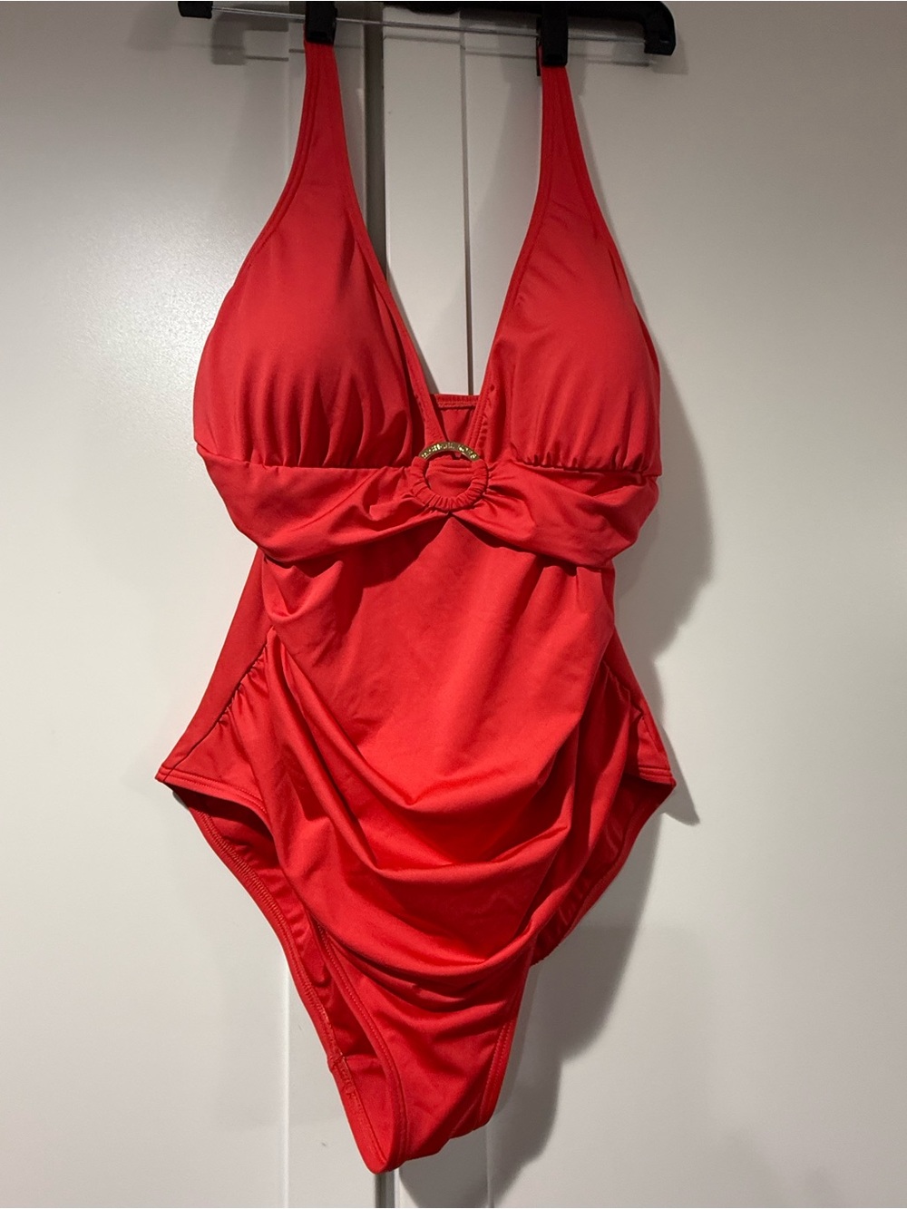 MICHAEL Michael Kors Women's Solid Red Halter One-Piece Swimsuit 14 Ring